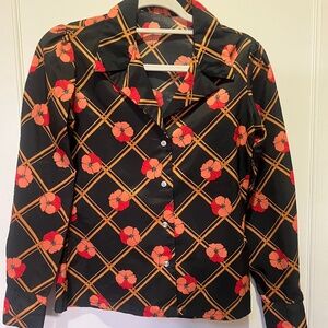 Vintage Daggar Collar Floral Print Button Down Shirt Size Small
